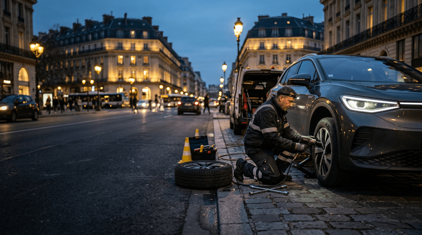 Technicien de dépannage pneu changeant la roue d'un SUV moderne dans une rue de Paris à la tombée de la nuit