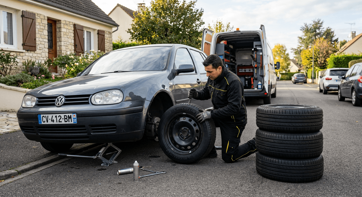 Technicien changeant un pneu sur place en Essonne